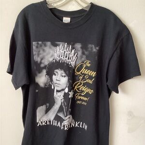 Gildan Black Graphic Aretha FranklinTee with Gold Script and Monochrome Portrait